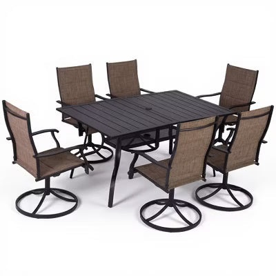 BOSMILLER 7-Piece Outdoor Patio Dining Set with Swivel Chairs & Metal Table, All-Weather Furniture for Deck, Lawn, Garden - Brown