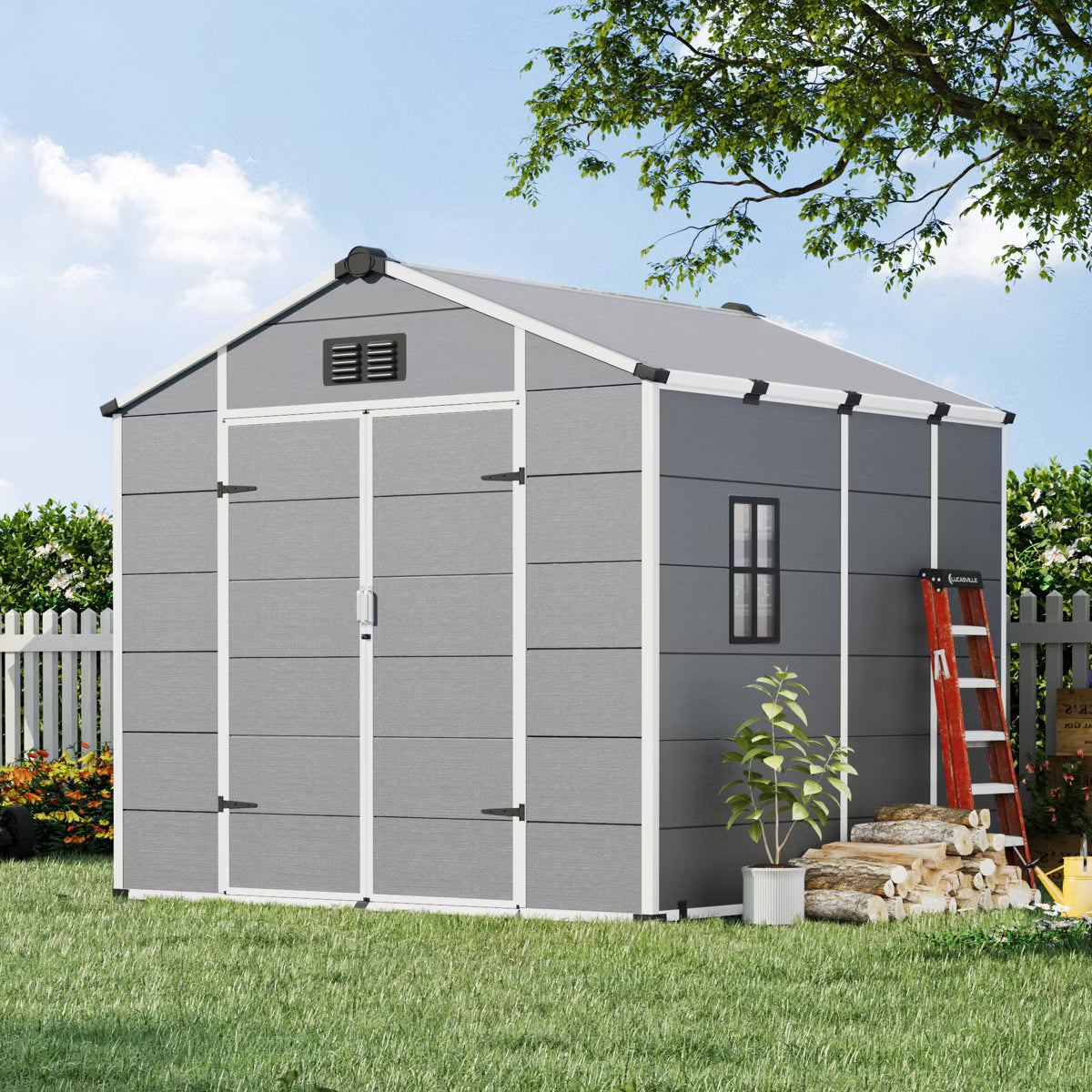 EROMMY 8 X 8 FT Outdoor Storage Shed, Weather-Resistant Shed With Lockable Double Doors & Built-In Floor, Sloped Roof Outdoor Shed For Backyard