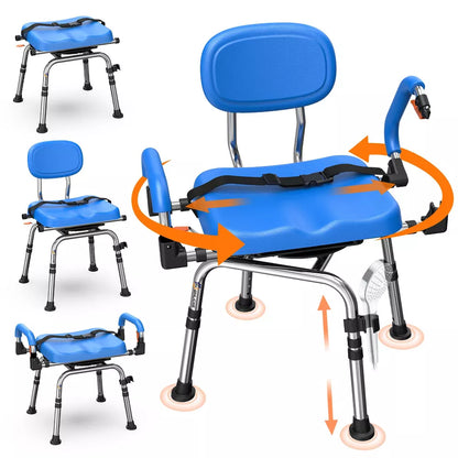 WHLICKS 360° Swivel Shower Chair with Arms & Back, Adjustable Height Shower Seat for Seniors & Disabled, Padded Shower Chair for Bathtub