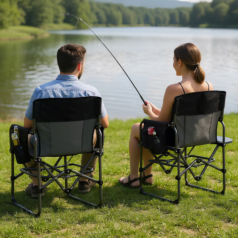 Outdoor Portable Director Chair, Folding Camp Chair with Cup Holder, Carry Bag, 400 lbs Capacity, Steel Lawn Chair for Camping, Fishing, 1pc, Black