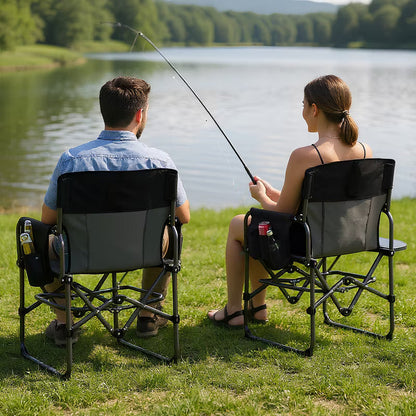 Outdoor Portable Director Chair, Folding Camp Chair with Cup Holder, Carry Bag, 400 lbs Capacity, Steel Lawn Chair for Camping, Fishing, 1pc, Black