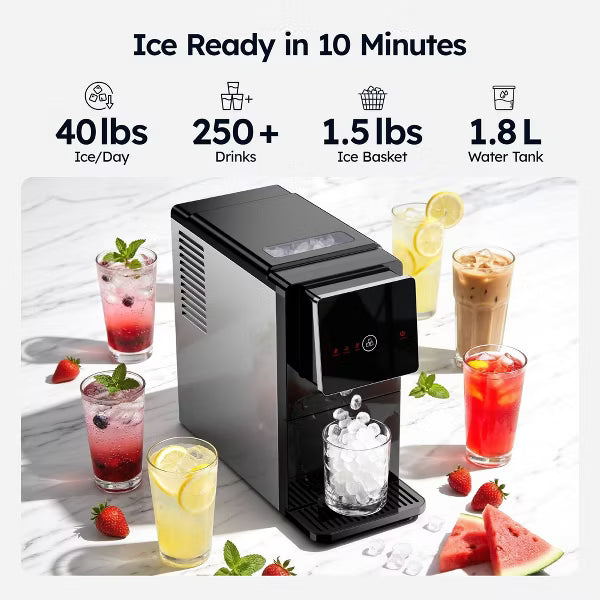 EUHOMY Nugget Ice Maker Countertop- 33 Lbs/Day Chewable Ice Machine- Self-Cleaning- Black Silver