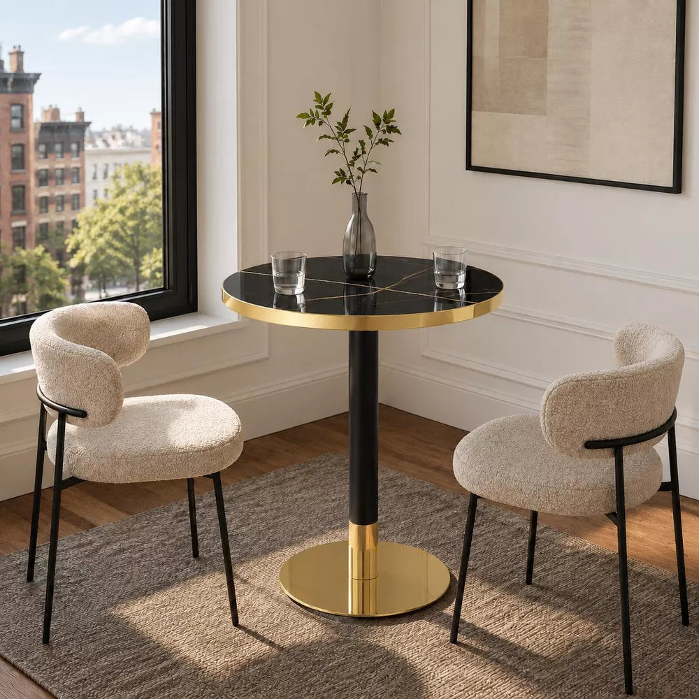 LauKingdom 23.6" Obsidian Gold Round Dining Table for 2, Stone-Look Top, Black/Gold Pedestal Base, Bistro Kitchen Table for Apartment Breakfast Nook