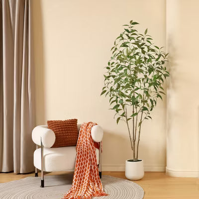 DR.Planzen 7FT Faux Eucalyptus Tree with Round White Planter, Pre Potted fake Eucalyptus Trees for Home Decor