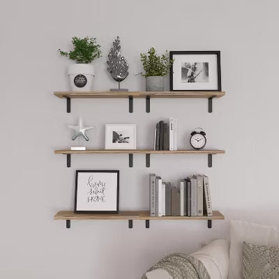 Set of 6 Wood Floating Shelves, Farmhouse Wall Decor Shelves for Bedroom Bathroom Living Room Storage & Books