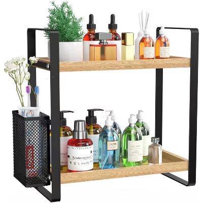 2-Layer Wooden Bathroom Countertop Storage Rack with Storage Baskets
