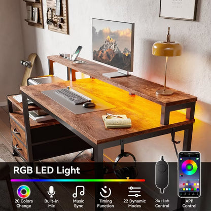 Qwatto 47" Computer Desk with LED Lights and Charging Station Reversible Computer Desk with Monitor Stand and Fabric Drawers Corner Office Workstation