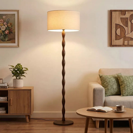 65" Walnut Weaving Shape Pole Floor Lamp with Beige Linen Drum Shade, UL Listed Modern Accent Lighting for Living Room, Bedroom, Office, Hallway