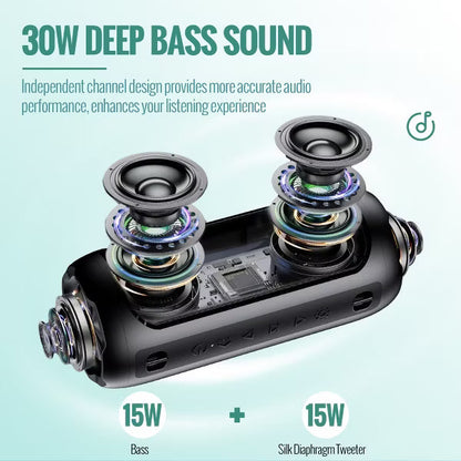 VEAT00L Portable Bluetooth Speaker,Floating Dustproof Speaker,30W Stereo Sound Wireless Speaker with Cool Dynamic LED Lights, IPX7 Waterproof