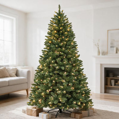 VIVATREES 6ft 7.5ft Prelit Artificial Christmas Tree with Hinged Branches Metal Stand Realistic Xmas for Holiday Decor Green