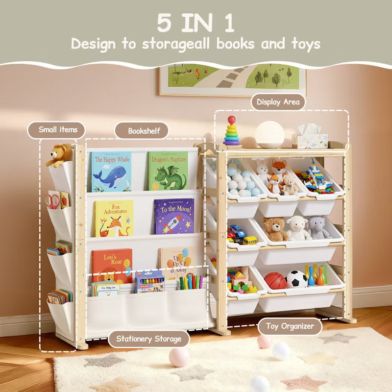 Solid Wood Toy Organizer and Bookshelf 2-in-1, Natural Pine Kids Storage Shelf with 7 Bins, Side Pockets and 4-Tier Book Rack for Playroom or Nursery