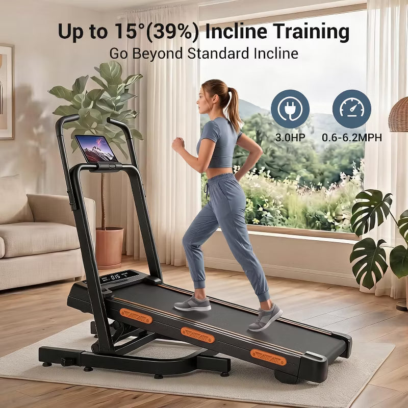 Foldable 39% High Incline Walking Pad Treadmill with Elevated Dual Handrails, 3.0HP Motor, 350 LBS Capacity, Compact Treadmill for Home Workouts