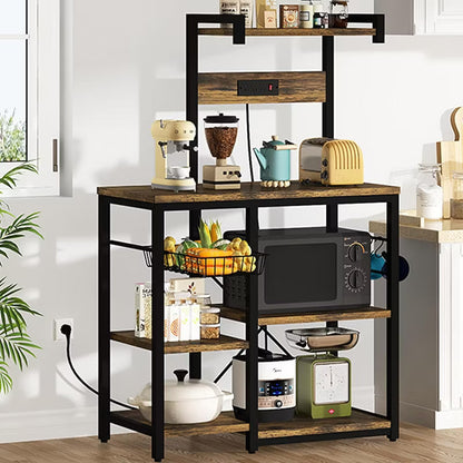 Hooseng Bakers Rack with Storage Coffee Bar Cabinet, Microwave Stand with Storage & Power Outlet for Kitchen & Dining, Rustic Brown
