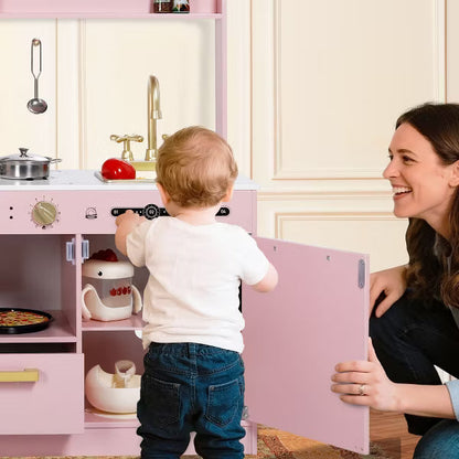 Kinder King Wooden Kids Play Kitchen, Toy Kitchen Playset for Toddler, Pretend Oven, Microwave, Realistic Kitchen Sets for Boys Girls Age 3+