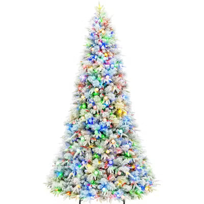 VIVATREES 7.5 Ft Prelit Artificial Christmas Tree, 10 Lighting Modes with Red Berries, Metal Stand, Multi Colors Snow Flocked Xmas Tree
