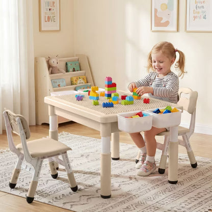 TODECARE Kids Height-Adjustable Table and 2 Chairs Set with Large Storage and Reversible Activity Desktop, Brown