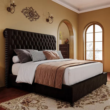 AMERLIFE Upholstered Platform Bed with 52.8'' Tall Sleigh Headboard