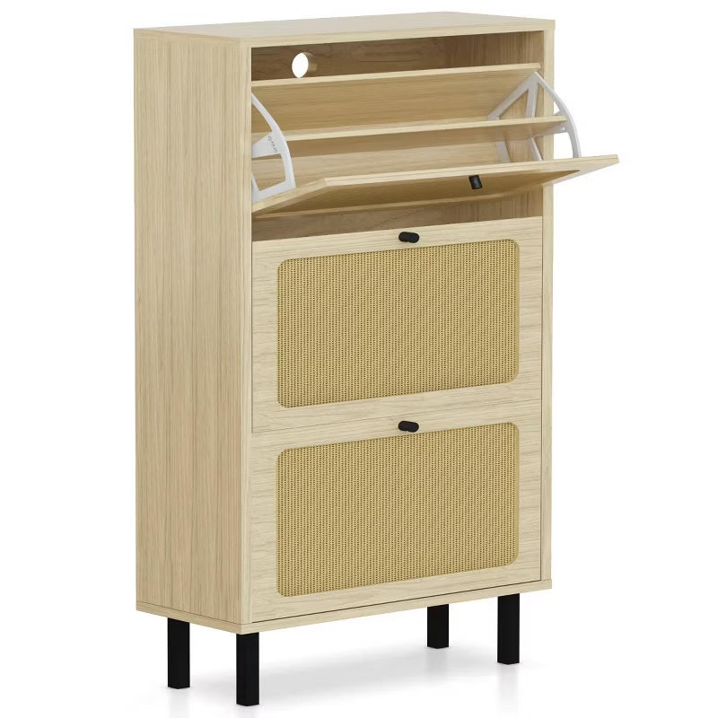Hooseng Boho Style 3 Rattan Drawers Shoe Storage Cabinet With MDF Frame And Metal Legs, Freestanding Shoe Storage Unit Organizer With Adjustable Panel