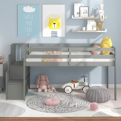 ELJGET Low Loft Bed for Kids, Twin Size Loft Bed with Storage Staircase, Wood Loft Bed Frame for Boys Girls Teens (Gray)