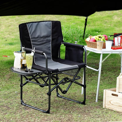 Outdoor Portable Director Chair, Folding Camp Chair with Cup Holder, Carry Bag, 400 lbs Capacity, Steel Lawn Chair for Camping, Fishing, 1pc, Black