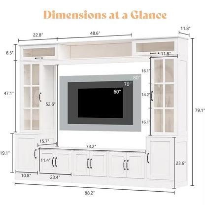 AMERLIFE 98" W Wall Unit TV Stand with Storage for TVs up to 80", White