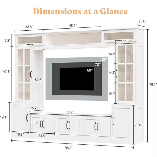 AMERLIFE 98" W Wall Unit TV Stand with Storage for TVs up to 80", White