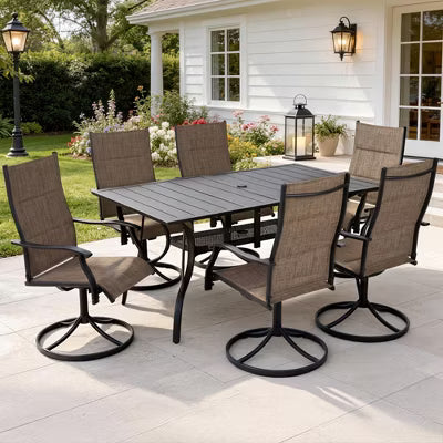 BOSMILLER 7-Piece Outdoor Patio Dining Set with Swivel Chairs & Metal Table, All-Weather Furniture for Deck, Lawn, Garden - Brown