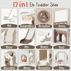 12-in-1 Toddler Slide Playset Indoor & Outdoor Kids Slide with Basketball Hoop, Golf & Drawing Board (Beige & Rosy Brown, 54x62x39 in