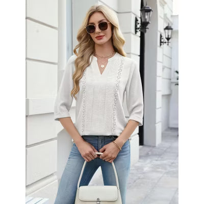 Zeagoo Women's 3/4 Sleeve V Neck Casual Tunic Loose Blouse with Side Split Notch Lace Panel Textured-White-S