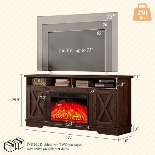 63" Farmhouse TV Stand with 26" Fireplace, for TVs up to 73" for Living Room