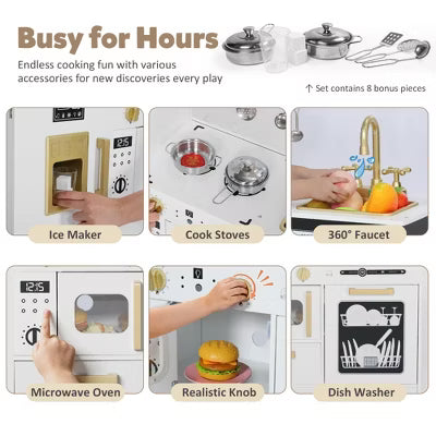 TODECARE Wooden Play Kitchen for Kids with Sink, Microwave, Ice Maker and Dishwasher, Gift for Boys and Girls Age 3+