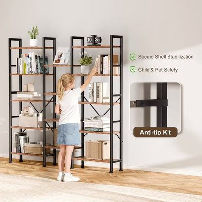 Qwatto Brown 5 Tier Bookshelf 14 Open Display Shelves Wood Metal Storage Organizer Industrial Wide Shelving Unit Freestanding Etagere in Home Office