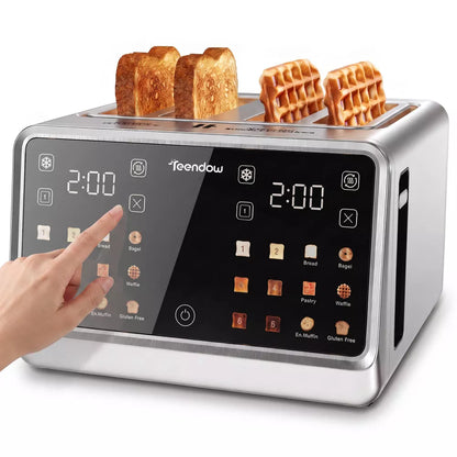 Teendow Touch Screen Toaster 4 Slice, 1800W Stainless Steel Digital Smart Toaster with Dual Controls, 6 Shade Levels for Bagels, Bread, and Pastries