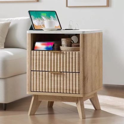 18" Modern Fluted Nightstand with Charging Station, Side Table with Faux Marble Top for Bedroom, Living Room