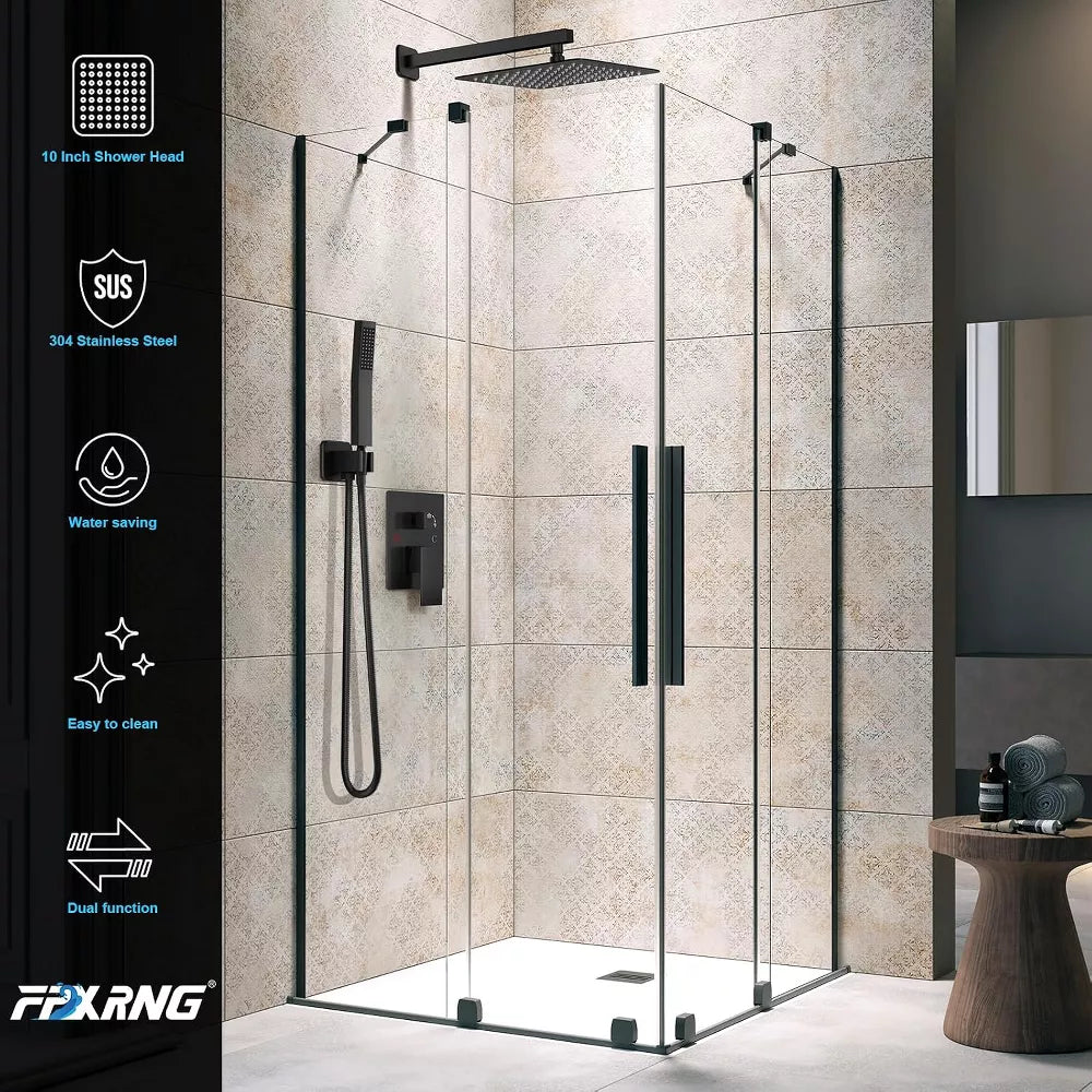 Rainfall Shower System with Handheld Shower Head, 10-Inch Rain Shower, Pressure Balance Valve and Metal Trim Kit, Black