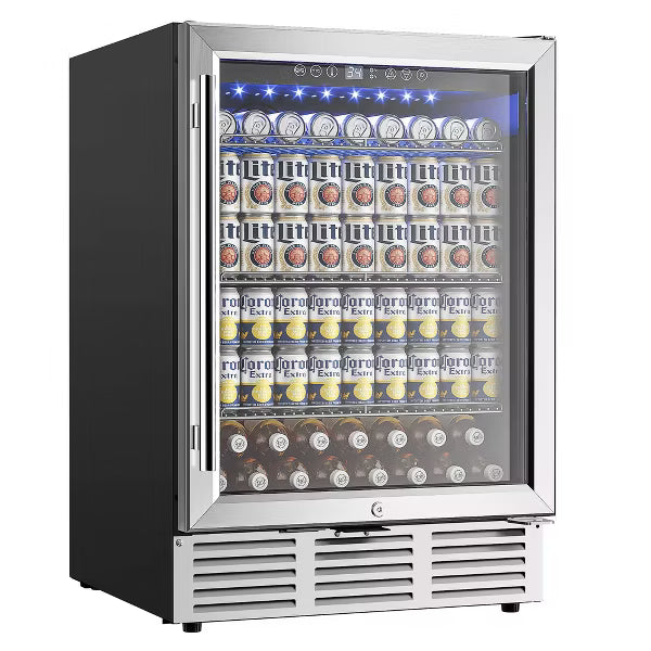 EUHOMY 180 Can- 5.05 Cu.Ft Glass Door Mini Fridge with LED Light & Adjustable Shelves- Silver