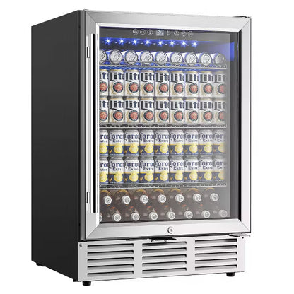 EUHOMY 180 Can- 5.05 Cu.Ft Glass Door Mini Fridge with LED Light & Adjustable Shelves- Silver