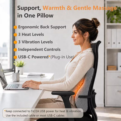 Morfone Vibration MassageErgonomic Heated Lumbar Support Pillow Memory Foam Back Cushion