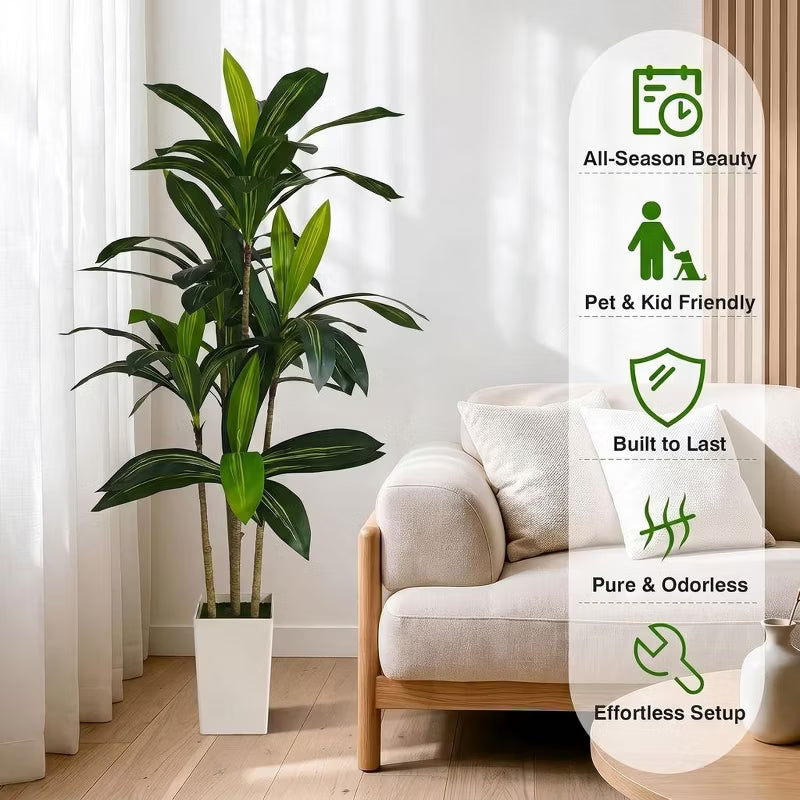 5FT Artificial Dracaena Tree Indoor Fake Tree with White Tall Planter Artificial Tree Fake Yucca Potted Tree for Home Office Living Room Decor