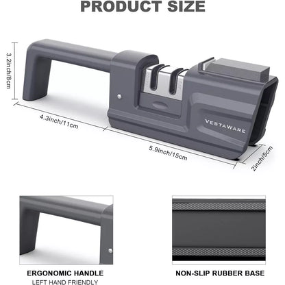 3-in-1 Knife Sharpeners - Foldable Handle, Gray - Blade and Scissor Sharpening Tool with Sharpener Stone
