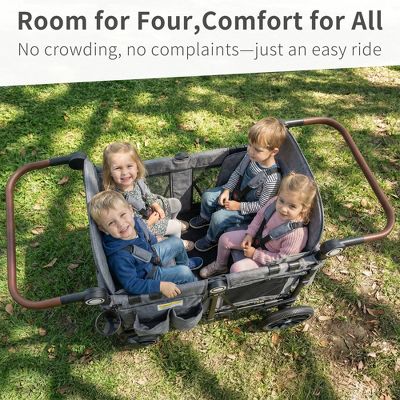 Kinder King All-Terrain Stroller Wagon for 4 Kids with Canopy, Shock-Absorbing Wheels, Snack Tray, Storage Bag & Adjustable Handle, Gray
