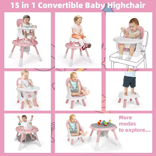TODECARE 15-in-1 Convertiable High Chair for Babies and Toddlers, Highchair & Activity Center, Booster Seat w/5-Point Harness & Removable Tray,Pink