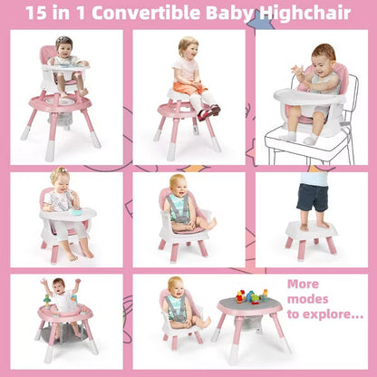 TODECARE 15-in-1 Convertiable High Chair for Babies and Toddlers, Highchair & Activity Center, Booster Seat w/5-Point Harness & Removable Tray,Pink