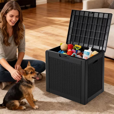 ELJGET 31-Gallon Outdoor Deck Box, Weatherproof Resin Storage Bin with Lockable Lid, Patio Garden Organizer for Tools, Cushions & Packages