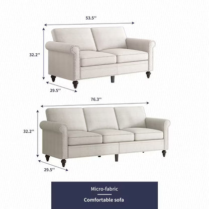 Mjkone 2 Piece Living Room Sofa Set with Rivet Design,Linen Fabric W76''3-Seater Sofa Couch with W53''Loveseat Sofa-Beige
