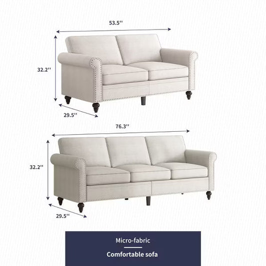 Mjkone 2 Piece Living Room Sofa Set with Rivet Design,Linen Fabric W76''3-Seater Sofa Couch with W53''Loveseat Sofa-Beige