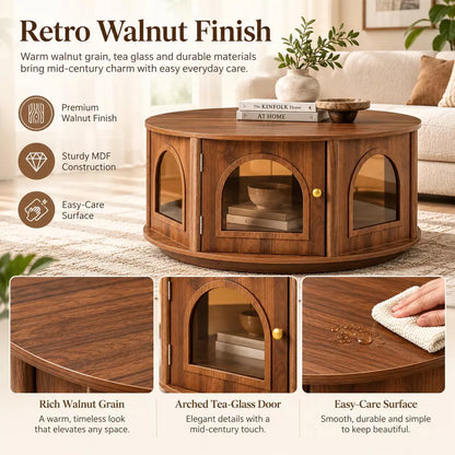 LauKingdom 31.5" Round Coffee Table with Storage, Arched Glass Door Pet House Table in Walnut Wood Grain, Mid-Century Modern Furniture for Living Room