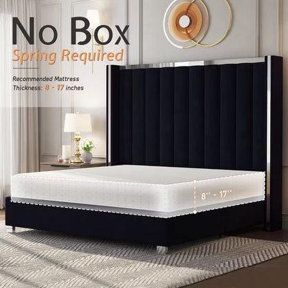 Bed Frame with 58" tall Headboard, Velvet Upholstered Platform bed