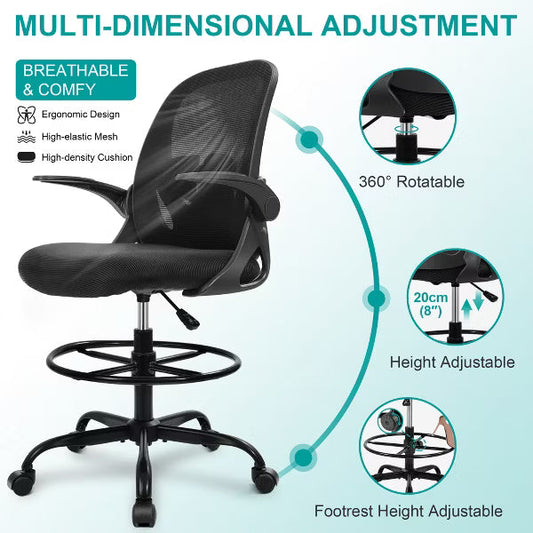 KERDOM Drafting Chair Tall Office Chair with Flip-up Armrests Executive Ergonomic Computer Chair, Black