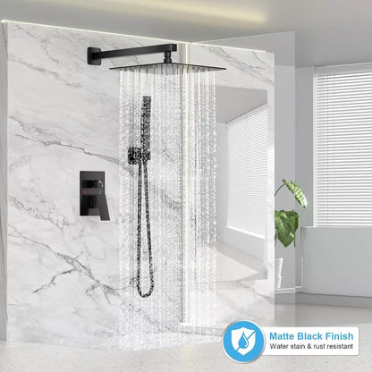 Rainfall Shower System with Handheld Shower Head, 10-Inch Rain Shower, Pressure Balance Valve and Metal Trim Kit, Black